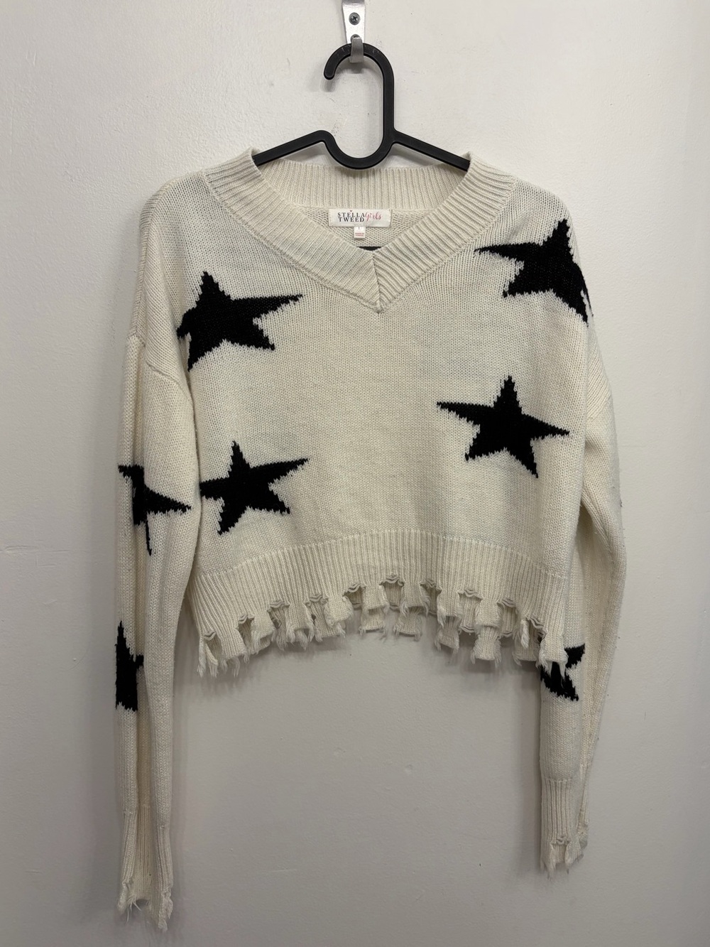 Stella Tweed White V-Neck Sweater with Black Stars